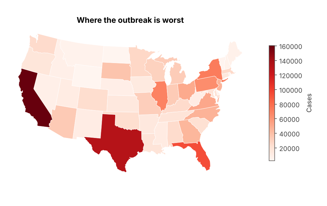 Example (Raw totals on a map): "Where the outbreak is worst": California, Texas and Florida, the three biggest states.