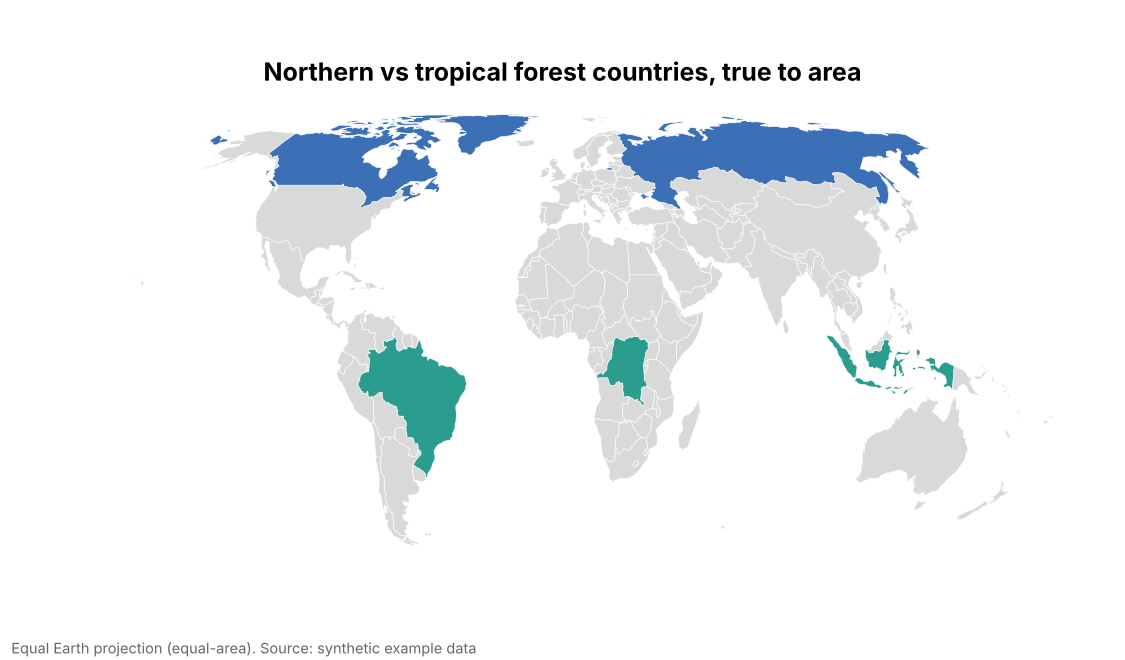 The same data shown honestly: An equal-area projection (Equal Earth) shows them at their true relative sizes.